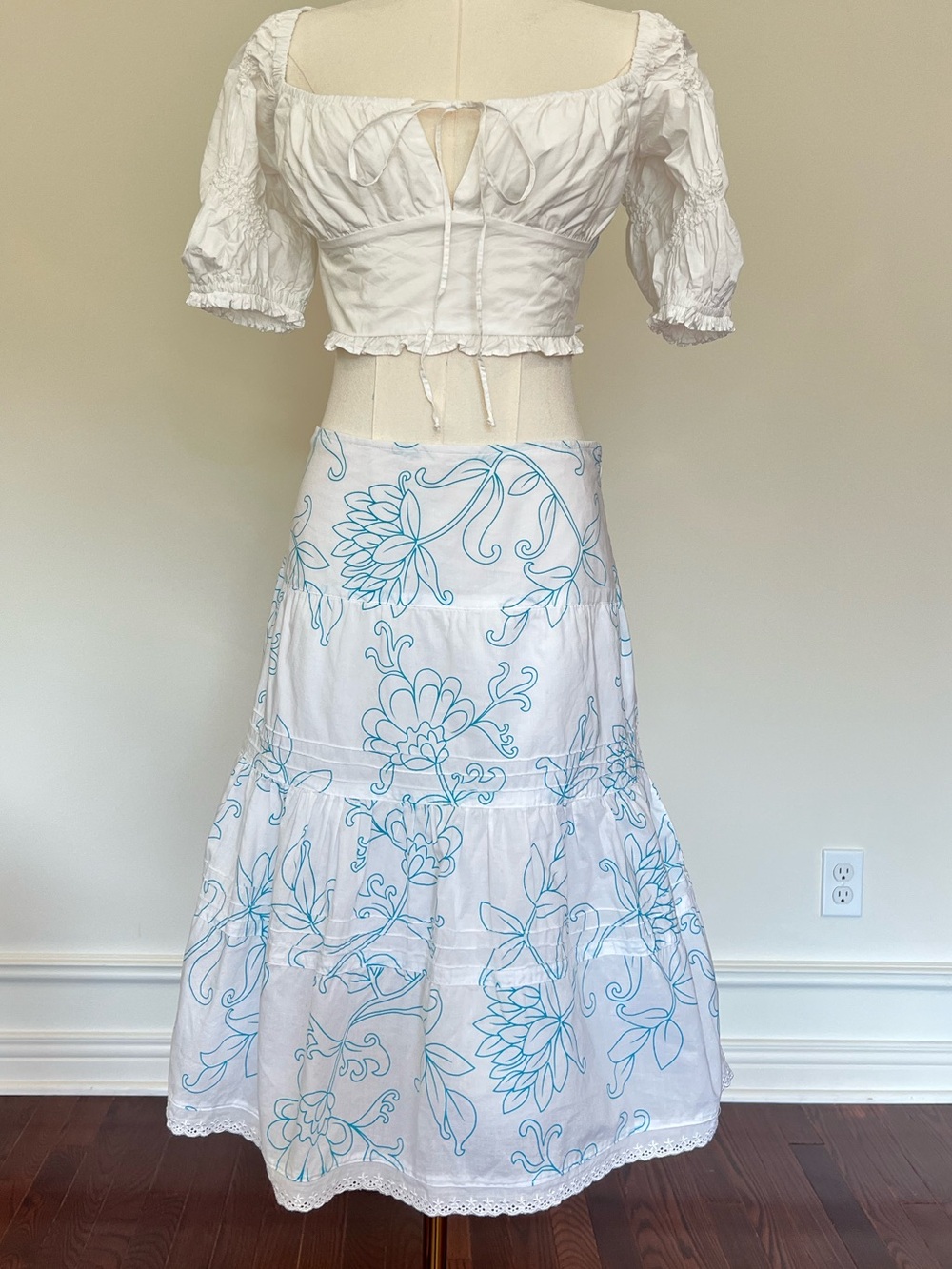 Blue White Floral Embroidered Tiered Maxi Skirt Boho Euro Summer 100% Cotton